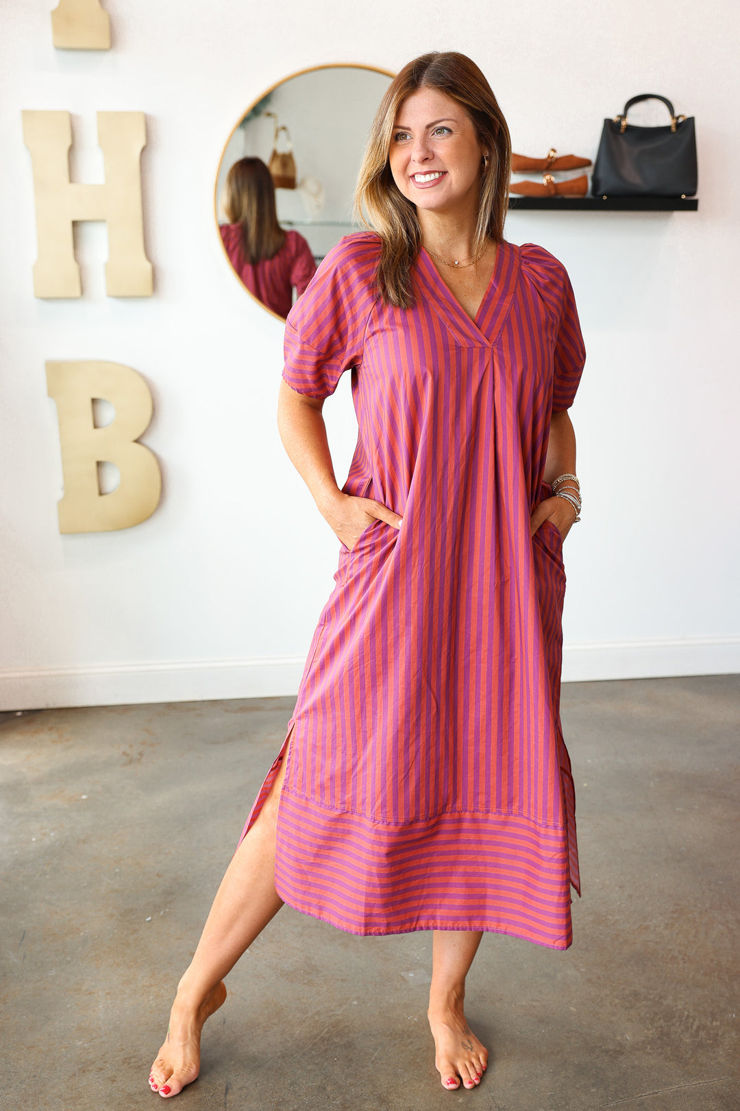 Striped Midi Dress - Plum