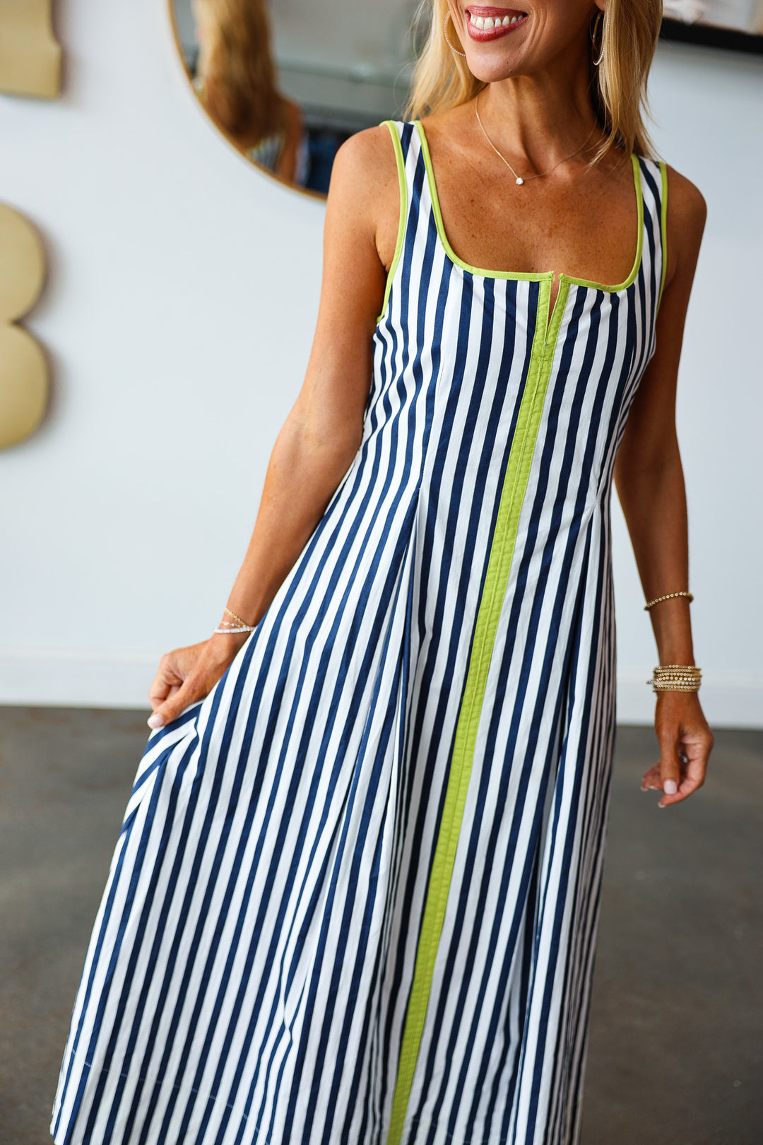 Contrast Trim Striped Dress - Navy
