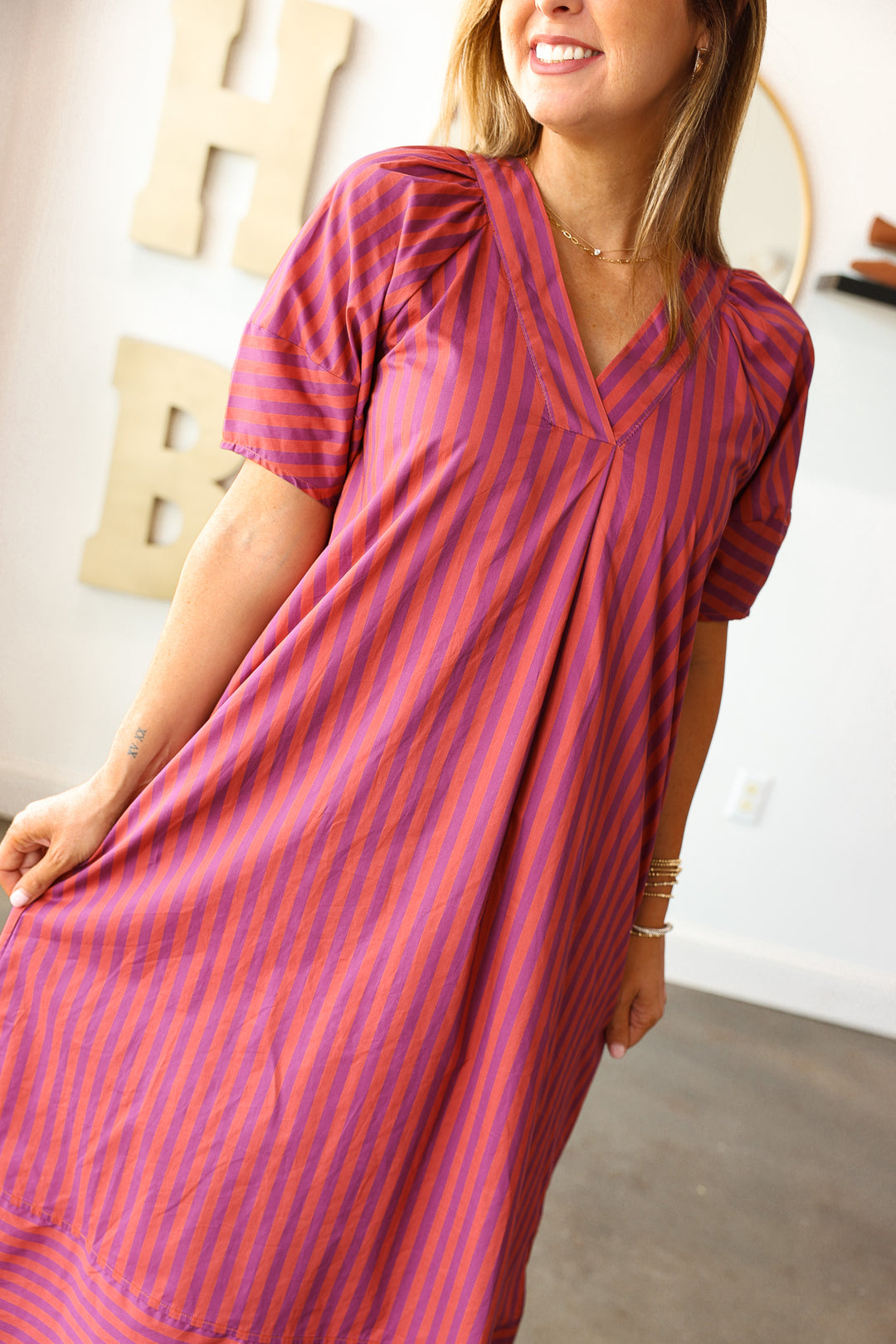 Striped Midi Dress - Plum