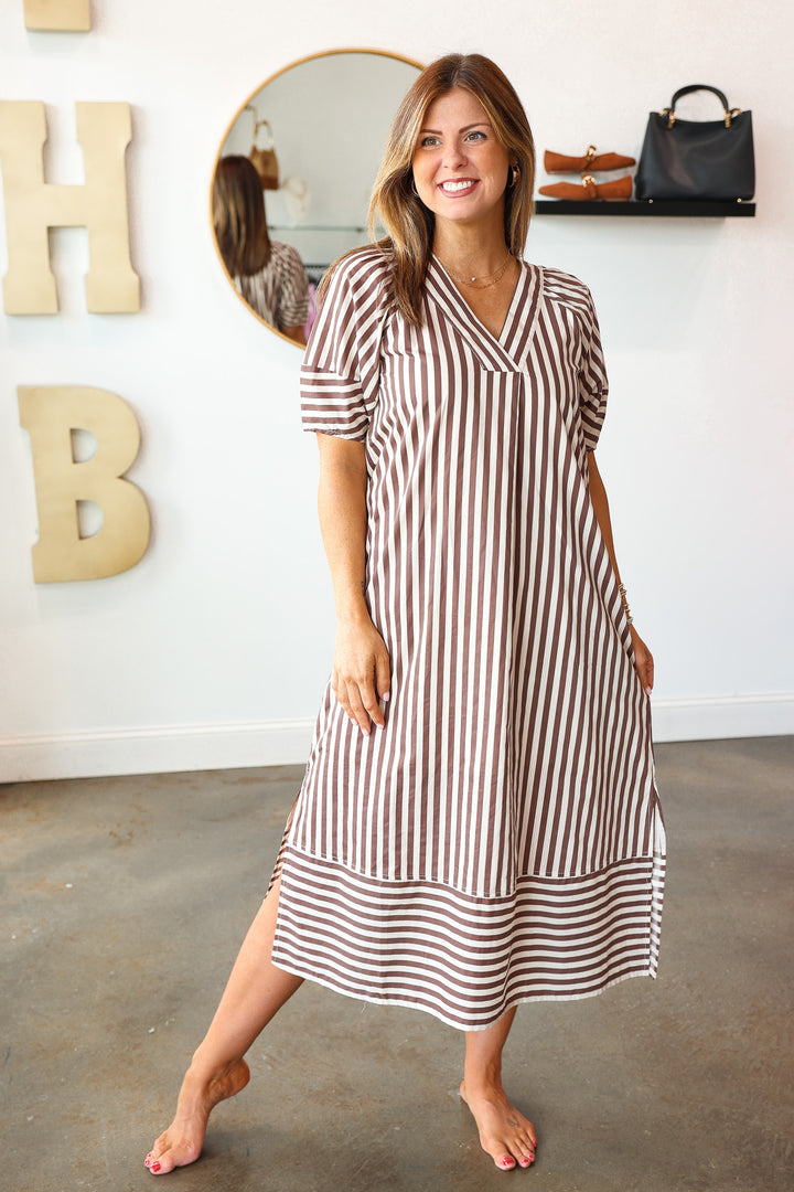 Striped Midi Dress - Brown