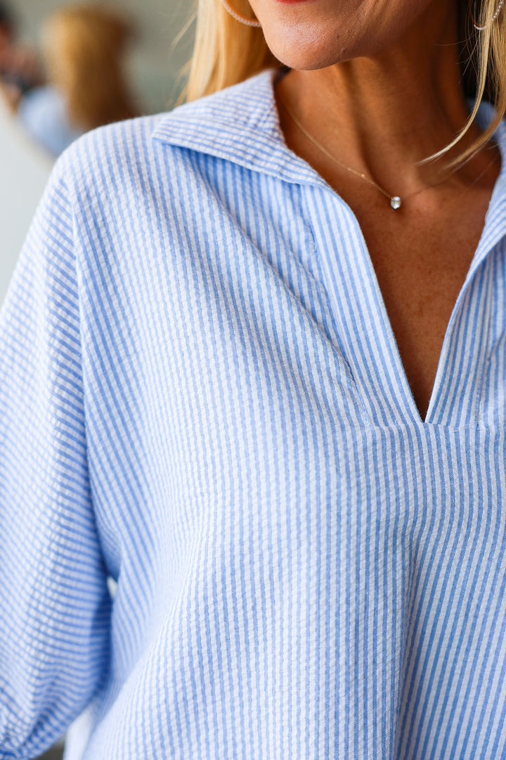 Drop Shoulder Seersucker Dress - Sky