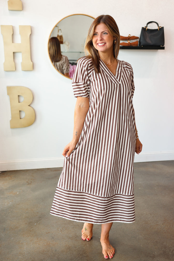 Striped Midi Dress - Brown