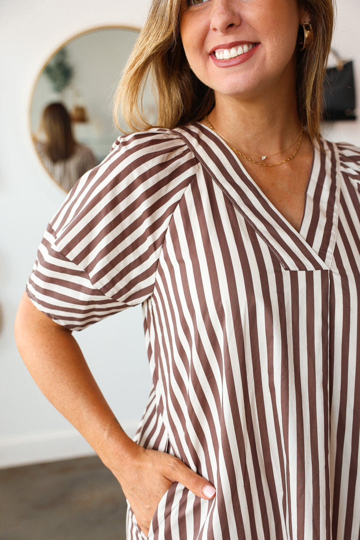 Striped Midi Dress - Brown
