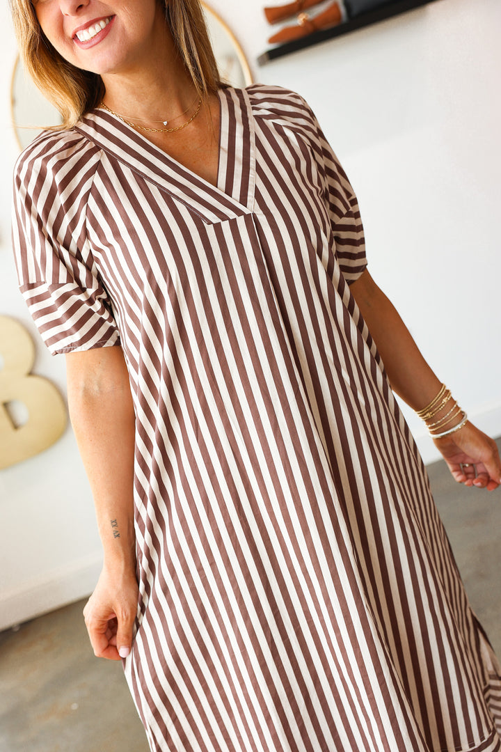 Striped Midi Dress - Brown