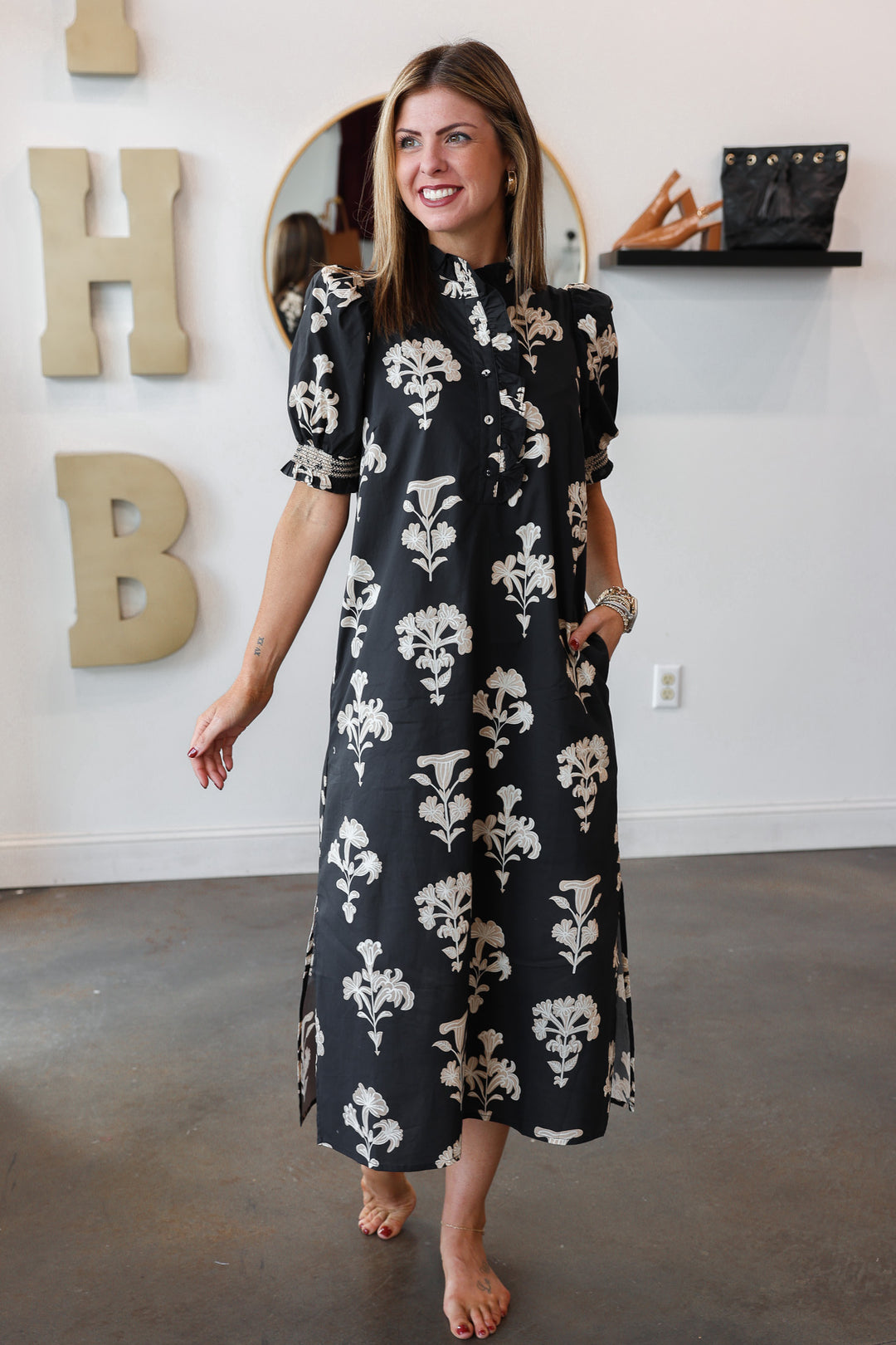 Button Front Printed Midi Dress - Black