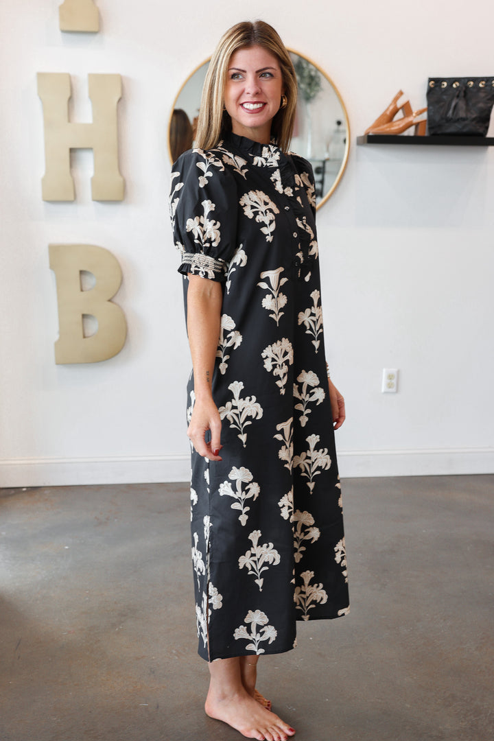 Button Front Printed Midi Dress - Black