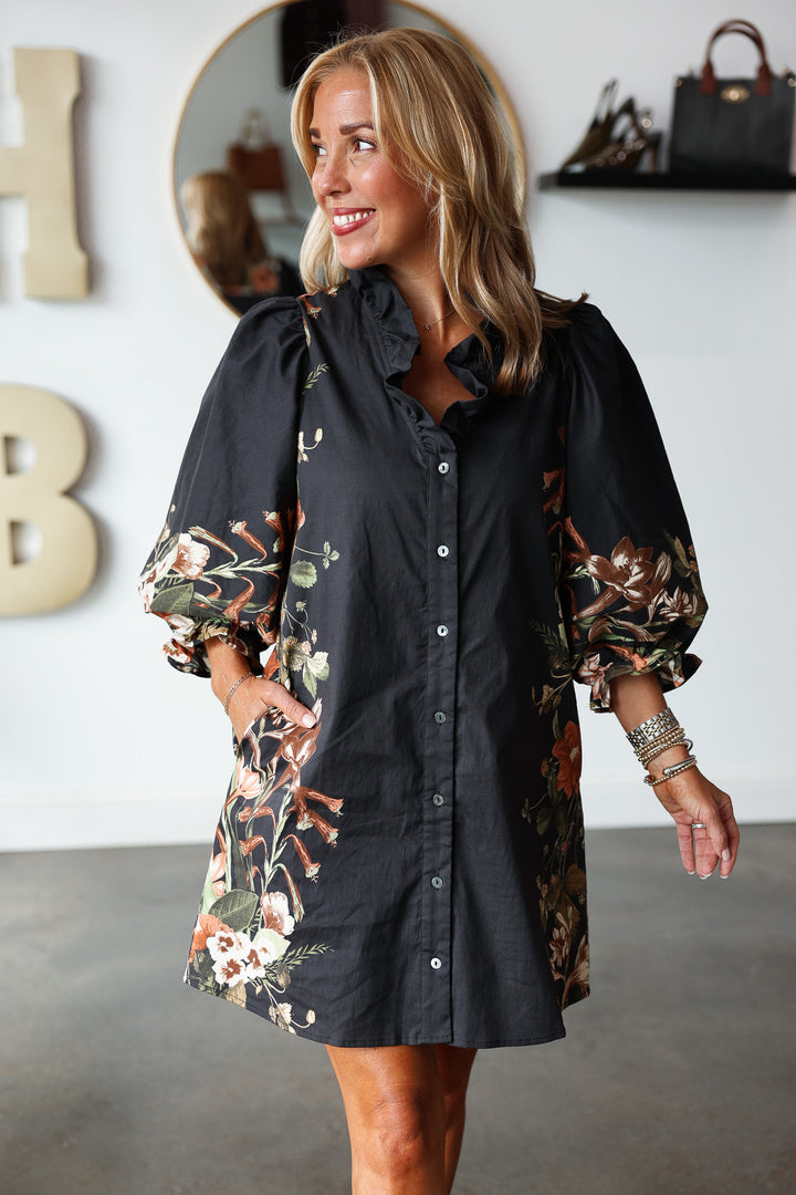 Button Front Floral Side Dress - Black