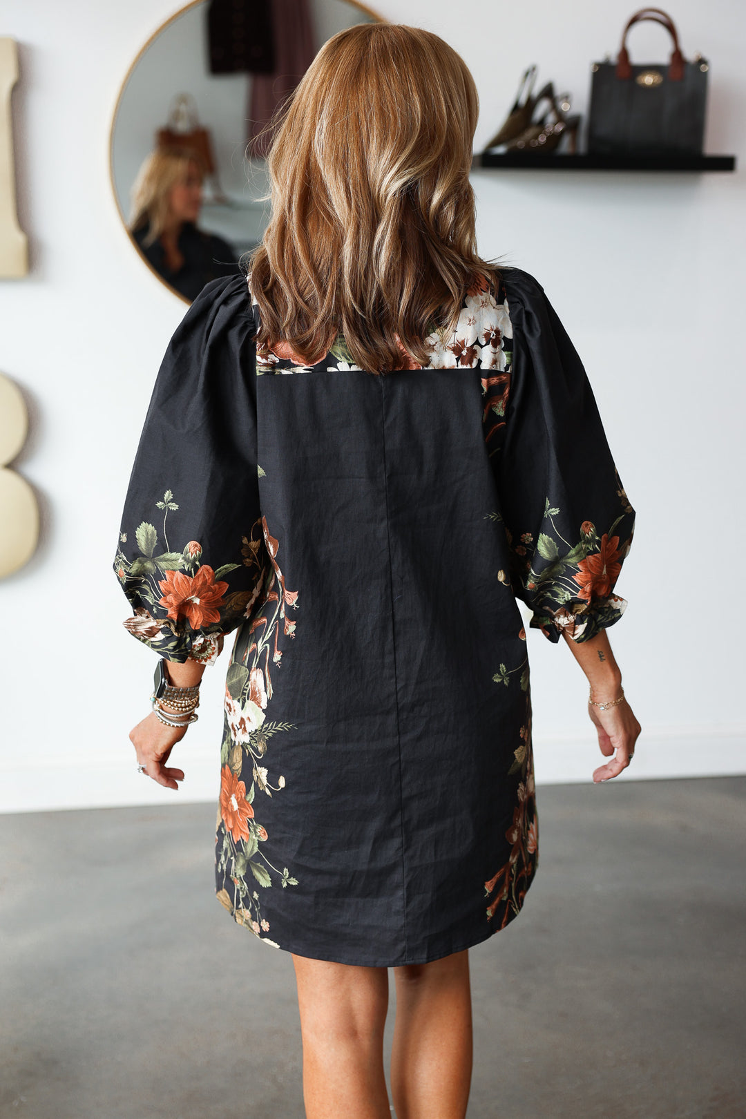 Button Front Floral Side Dress - Black