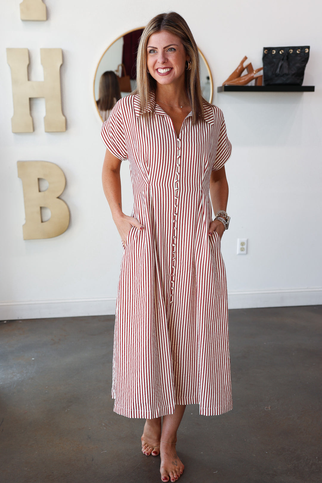 Button Front Striped Midi Dress - Brick