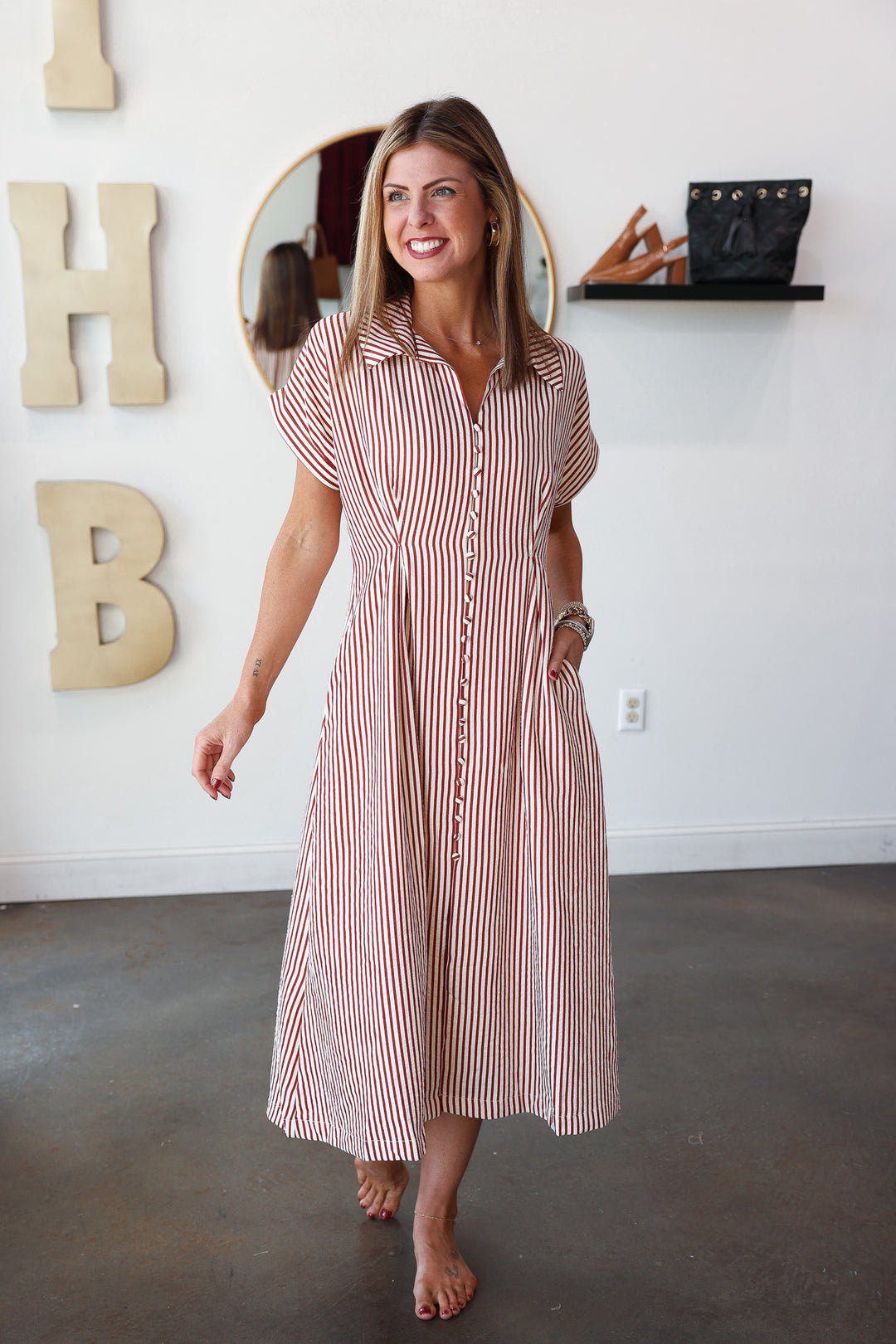 Button Front Striped Midi Dress - Brick