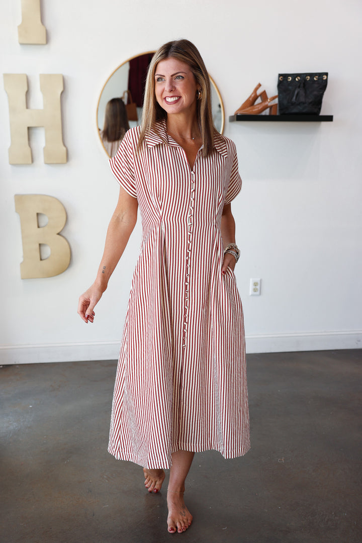 Button Front Striped Midi Dress - Brick