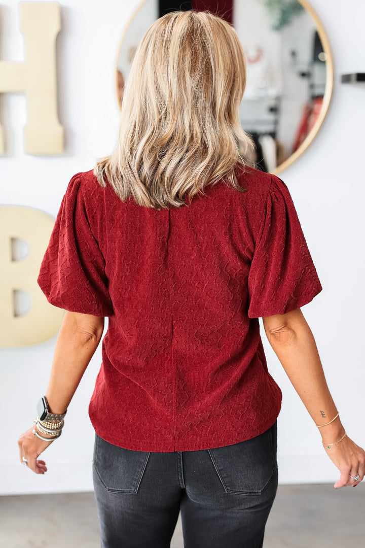 Textured Puff Sleeve Top - Burgundy