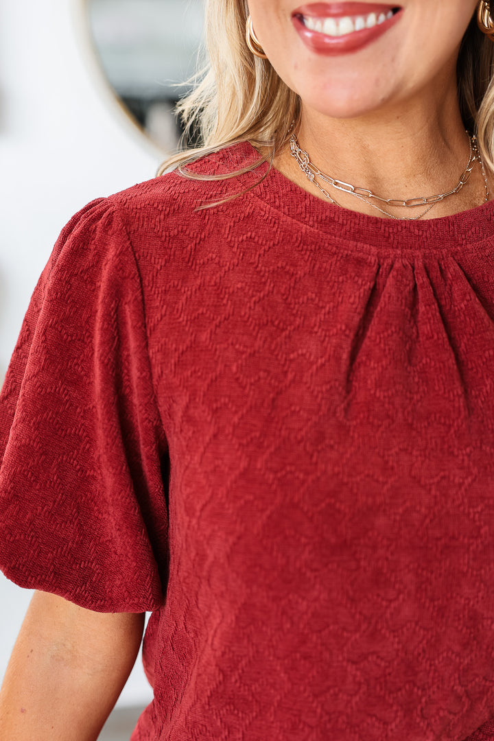 Textured Puff Sleeve Top - Burgundy