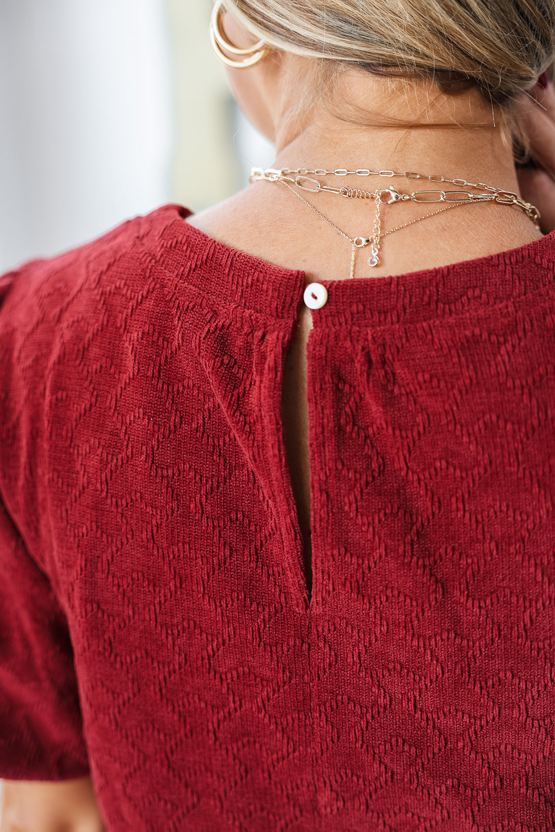 Textured Puff Sleeve Top - Burgundy