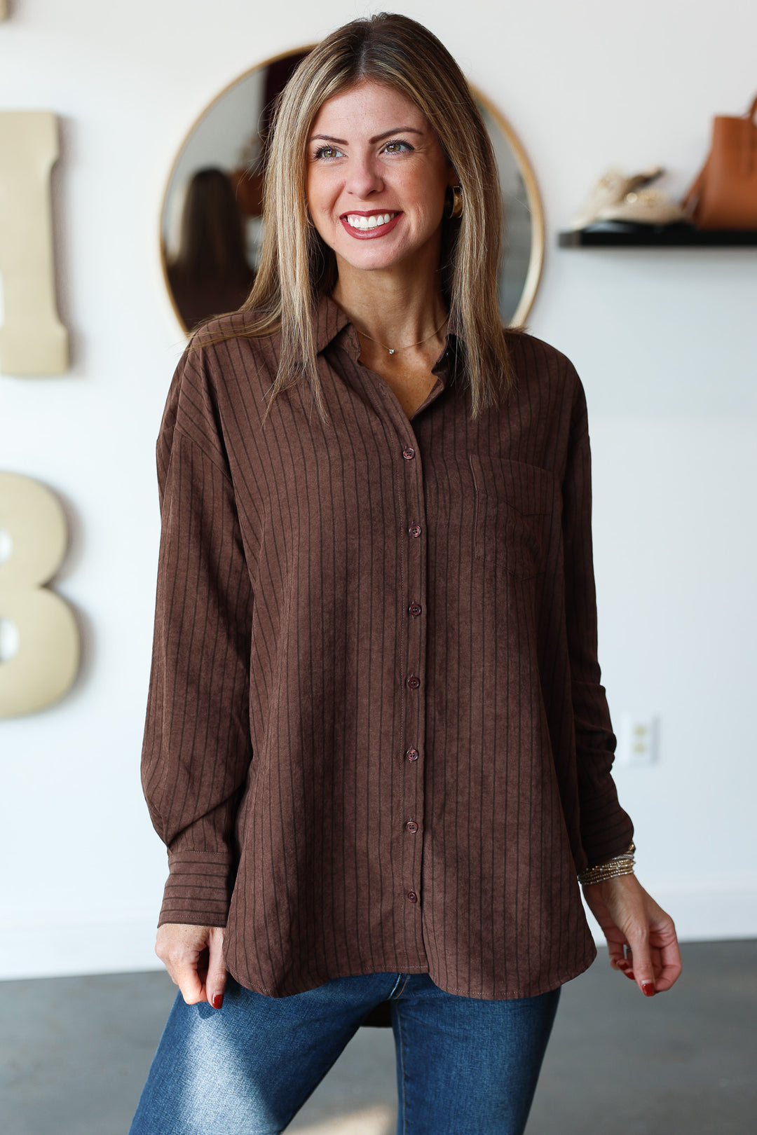 Striped Button Down - Brown