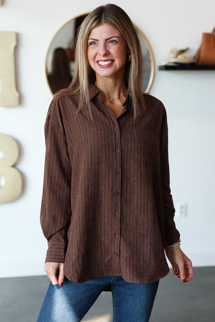Striped Button Down - Brown