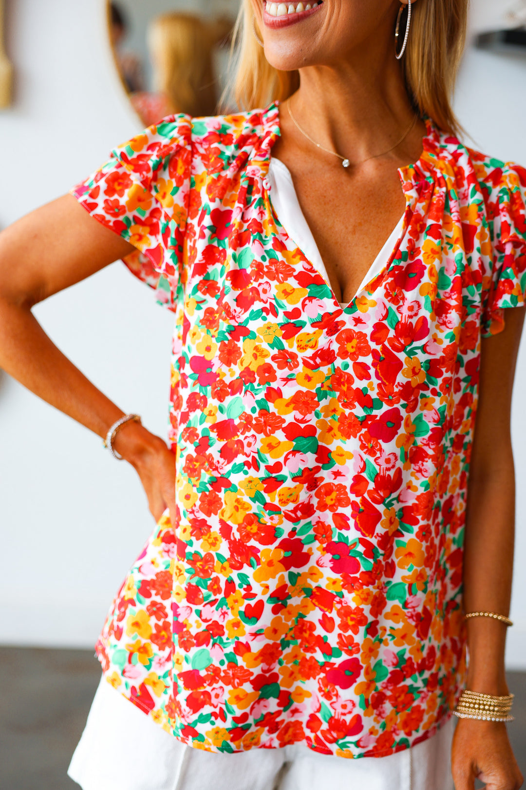 Floral Ruffle Sleeve Blouse