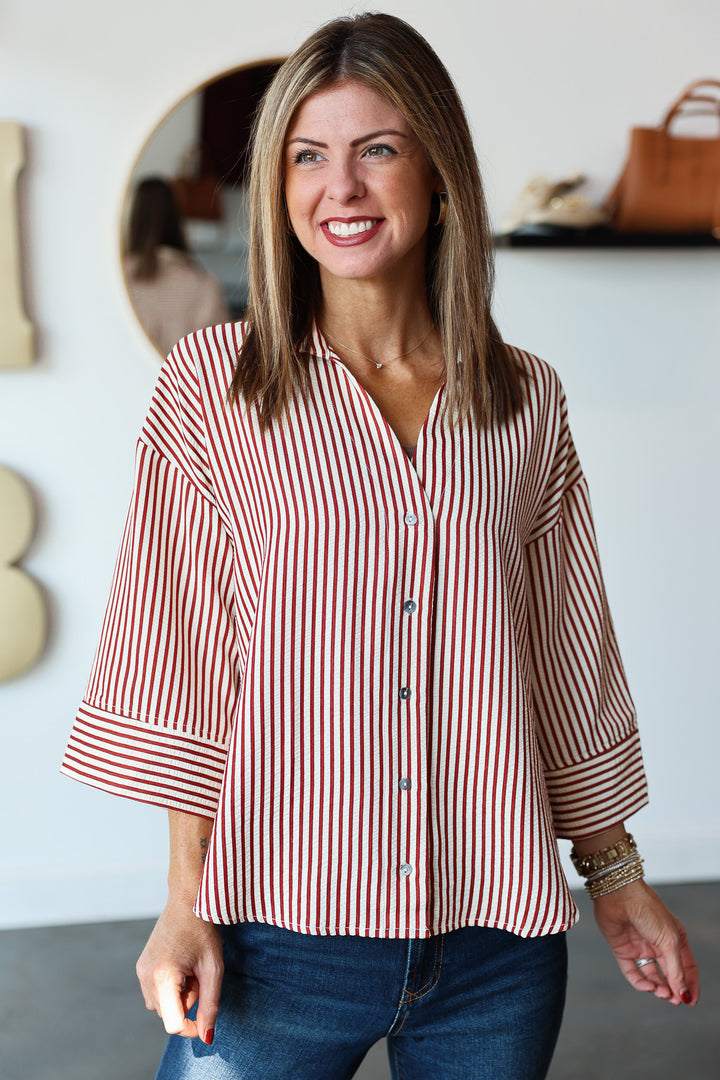 Striped Button Down Top - Rust