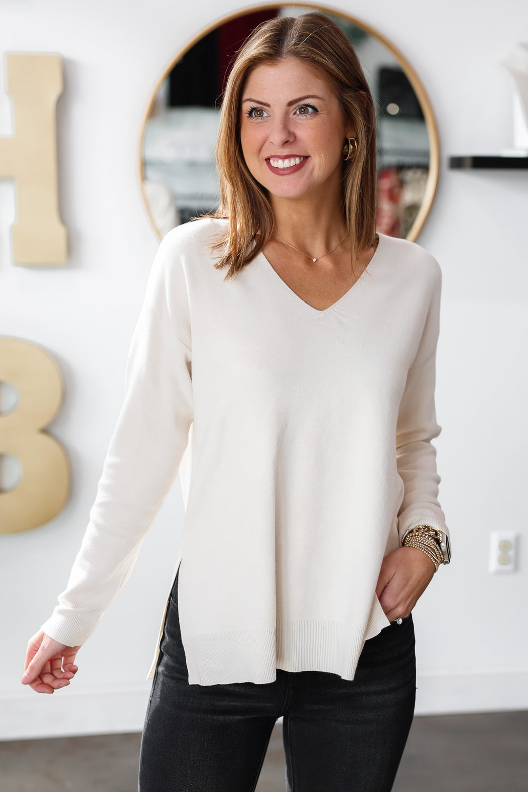 V Neck Sweater - Ecru