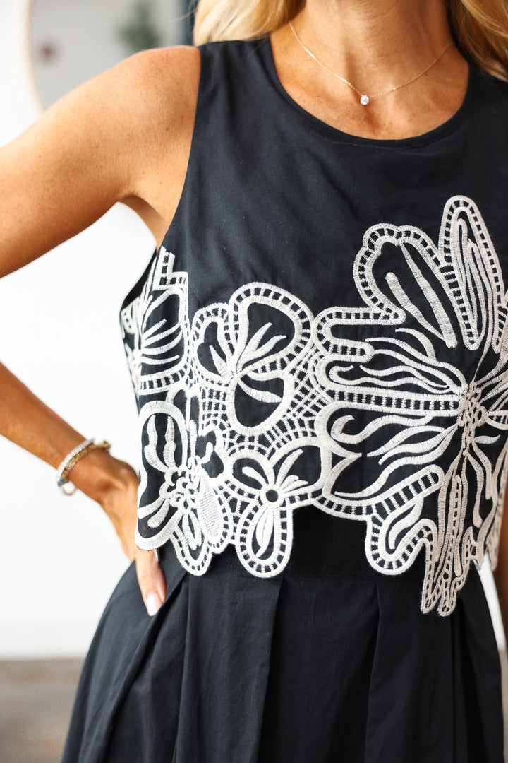 Embroidered Trim Dress - Black
