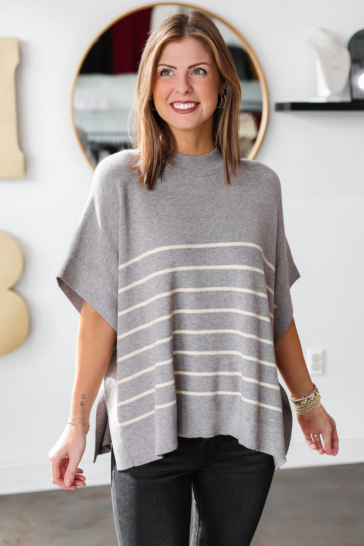 Short Sleeve Striped Sweater - Heather Gray