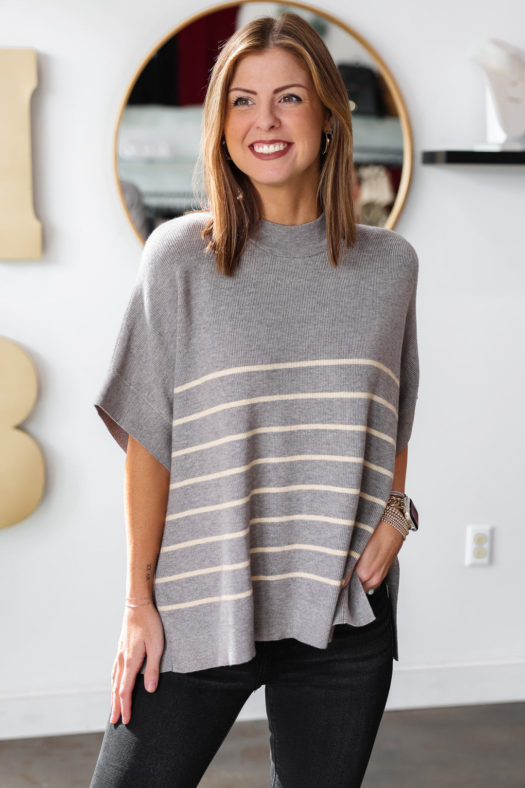 Short Sleeve Striped Sweater - Heather Gray