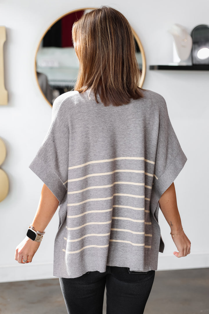 Short Sleeve Striped Sweater - Heather Gray