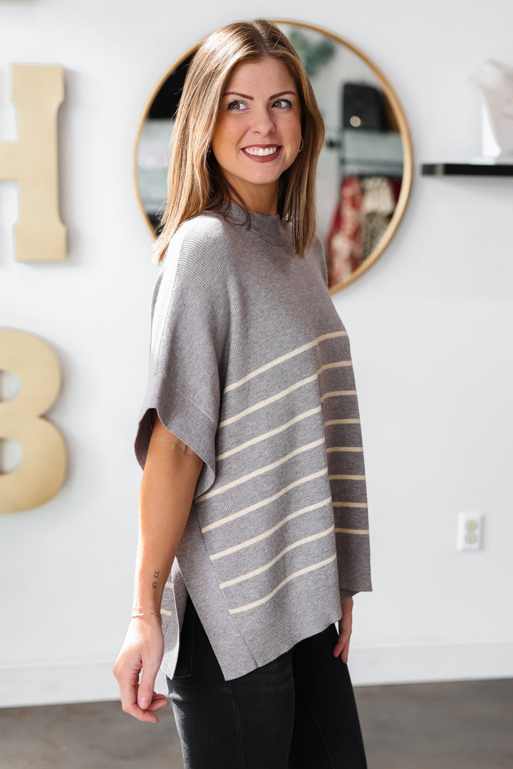 Short Sleeve Striped Sweater - Heather Gray