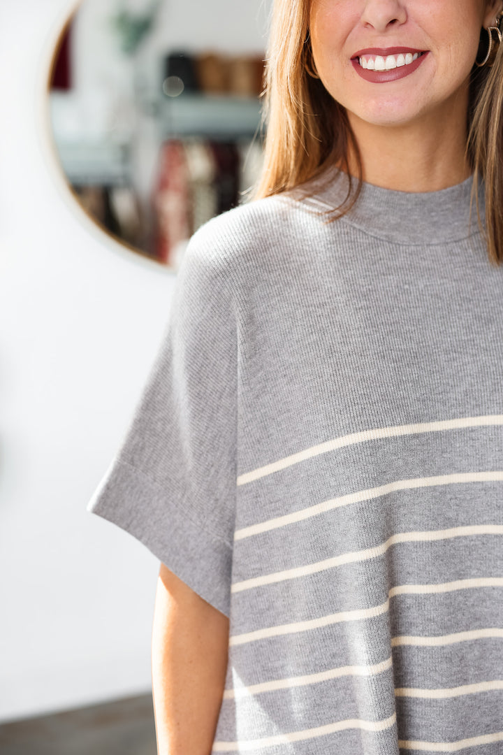 Short Sleeve Striped Sweater - Heather Gray