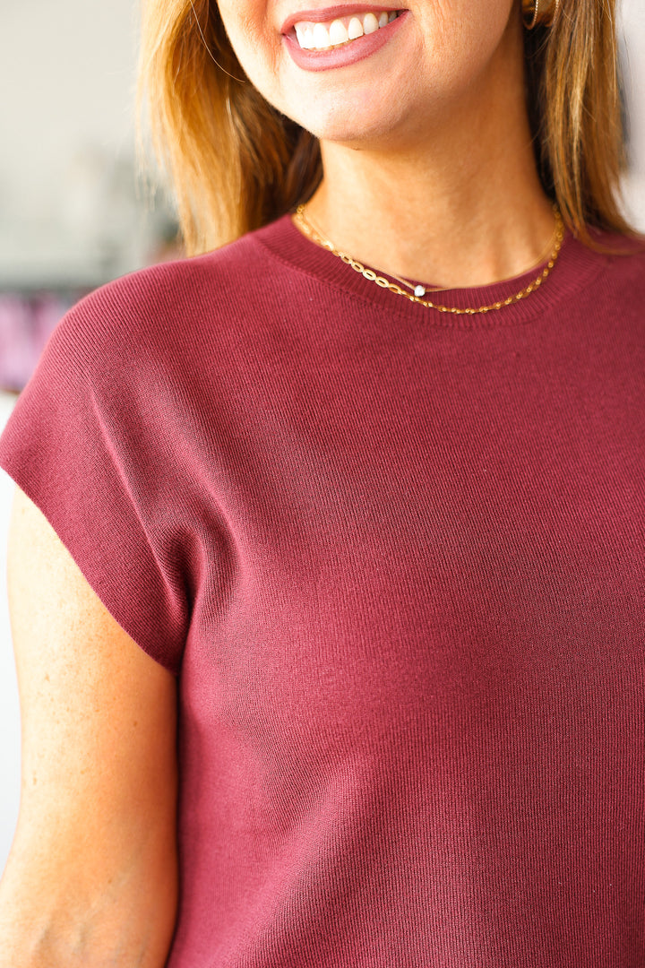 Cap Sleeve Knit Top - Burgundy