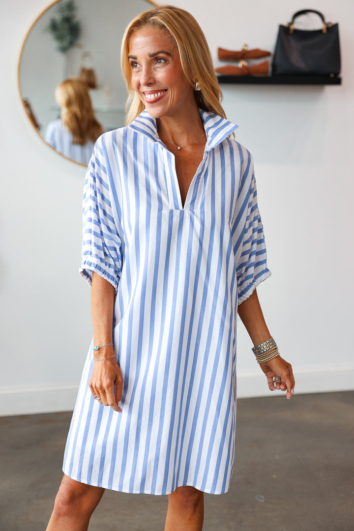 Short Sleeve Striped Dress - Blue