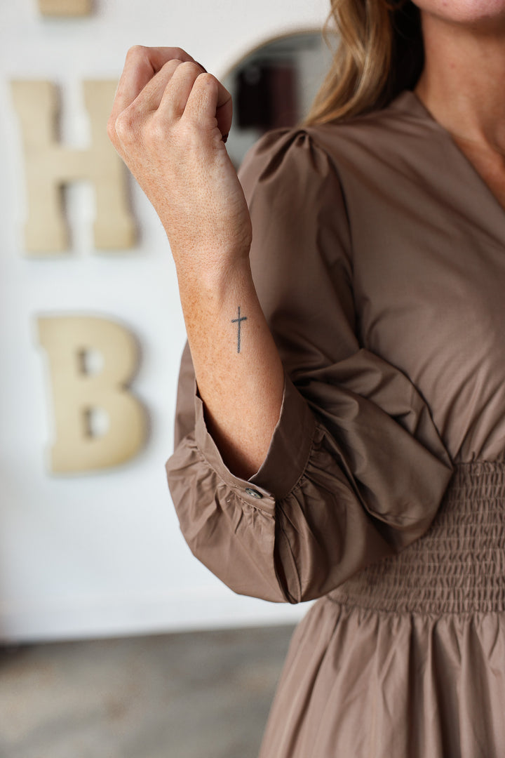 Smocked Waist Front Zip Dress - Mocha