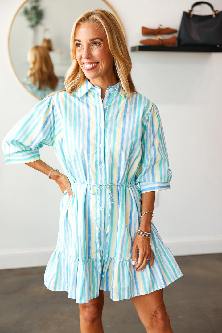 Stripe Tie Waist Dress - Blue