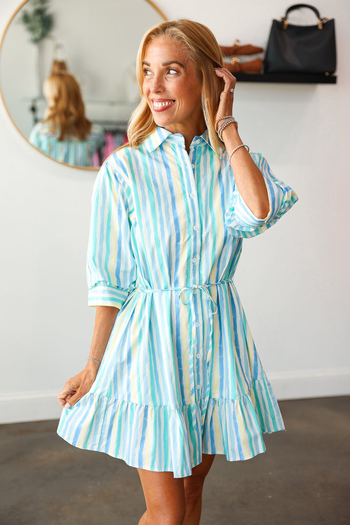 Stripe Tie Waist Dress - Blue