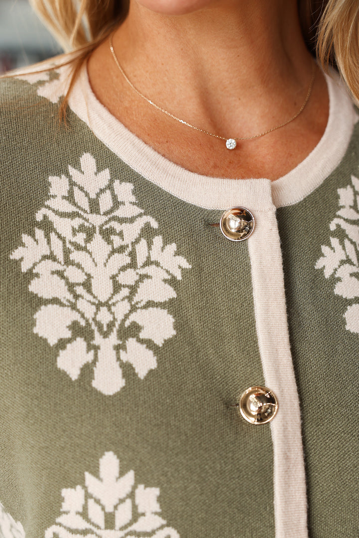 Printed Button Front Sweater - Olive