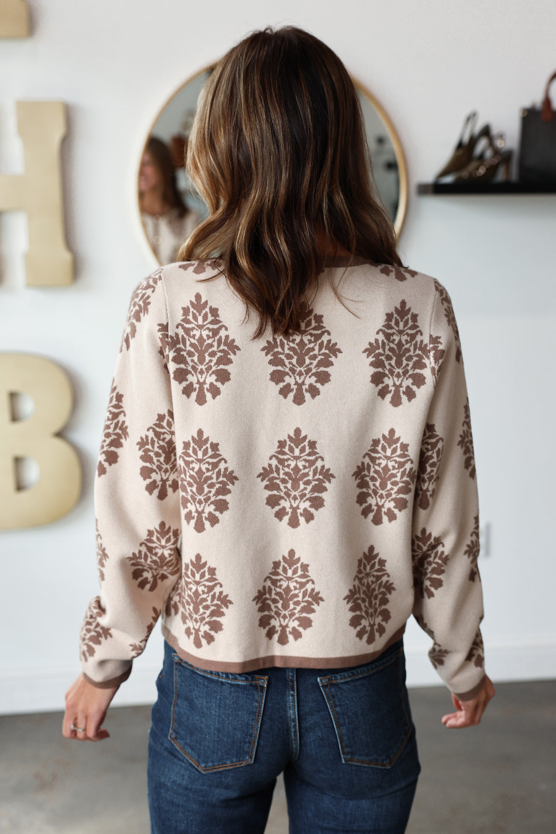 Printed Button Front Sweater - Taupe