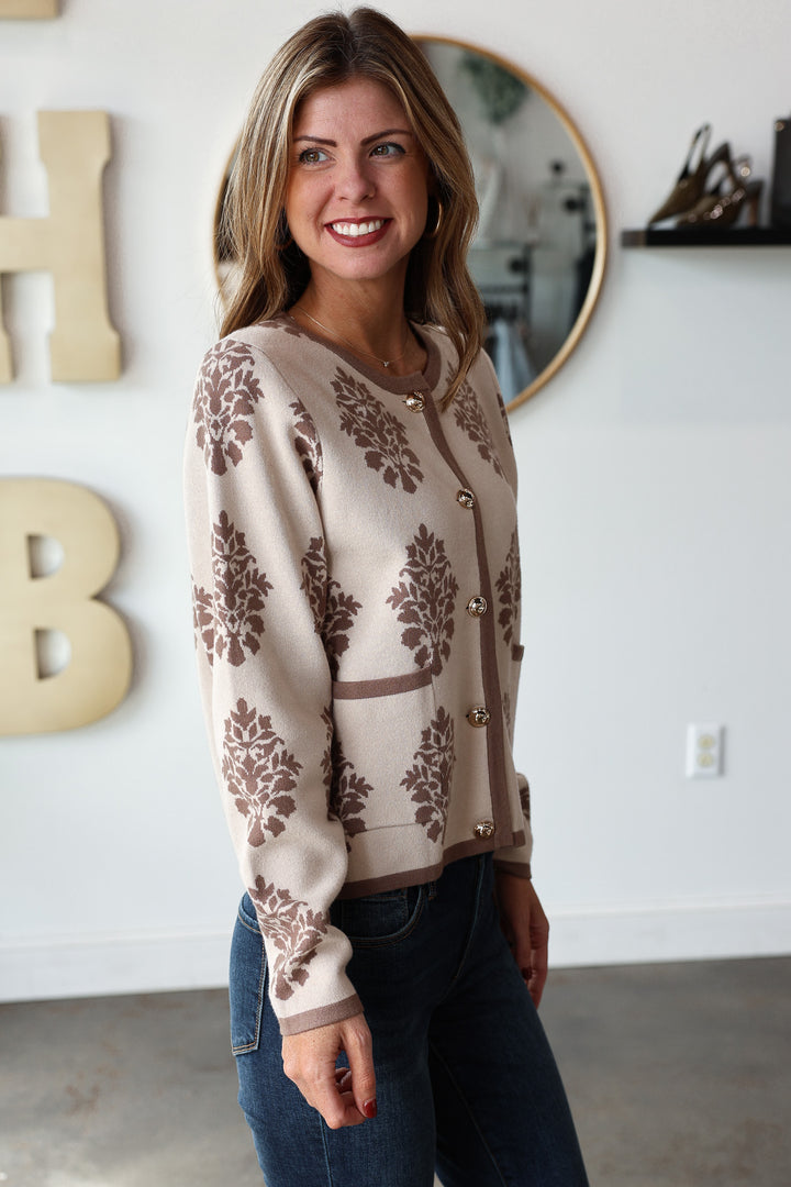 Printed Button Front Sweater - Taupe