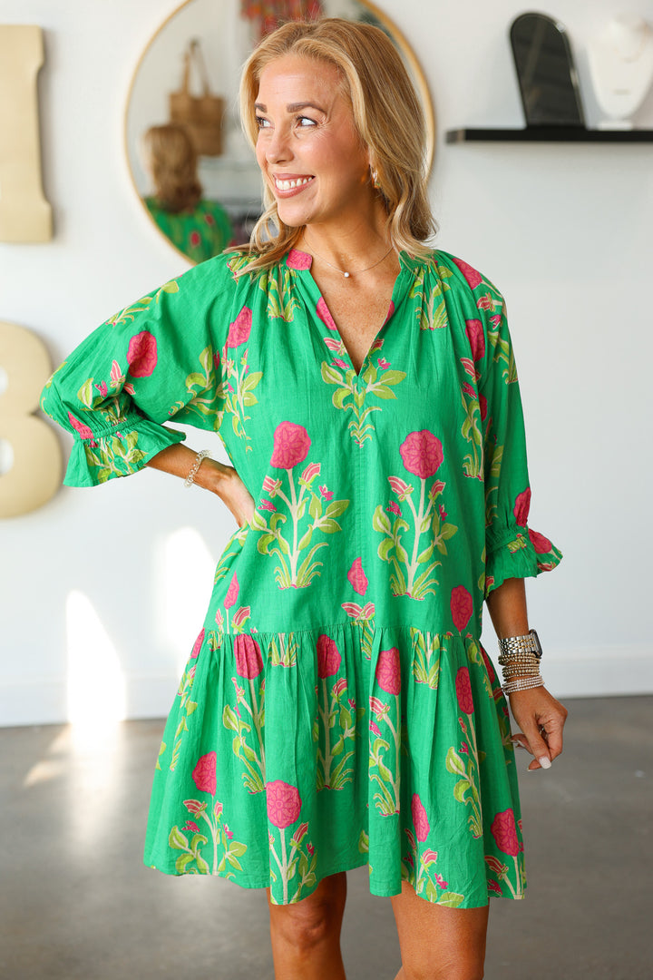 Drop Waist Floral Dress - Green
