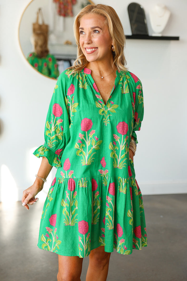 Drop Waist Floral Dress - Green