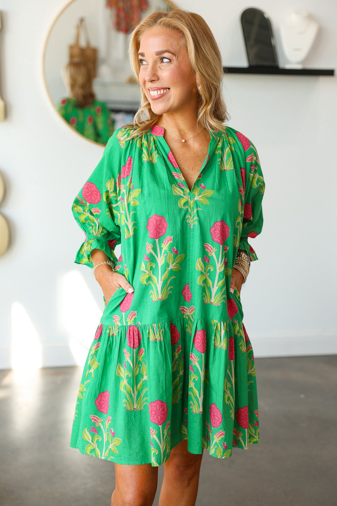 Drop Waist Floral Dress - Green