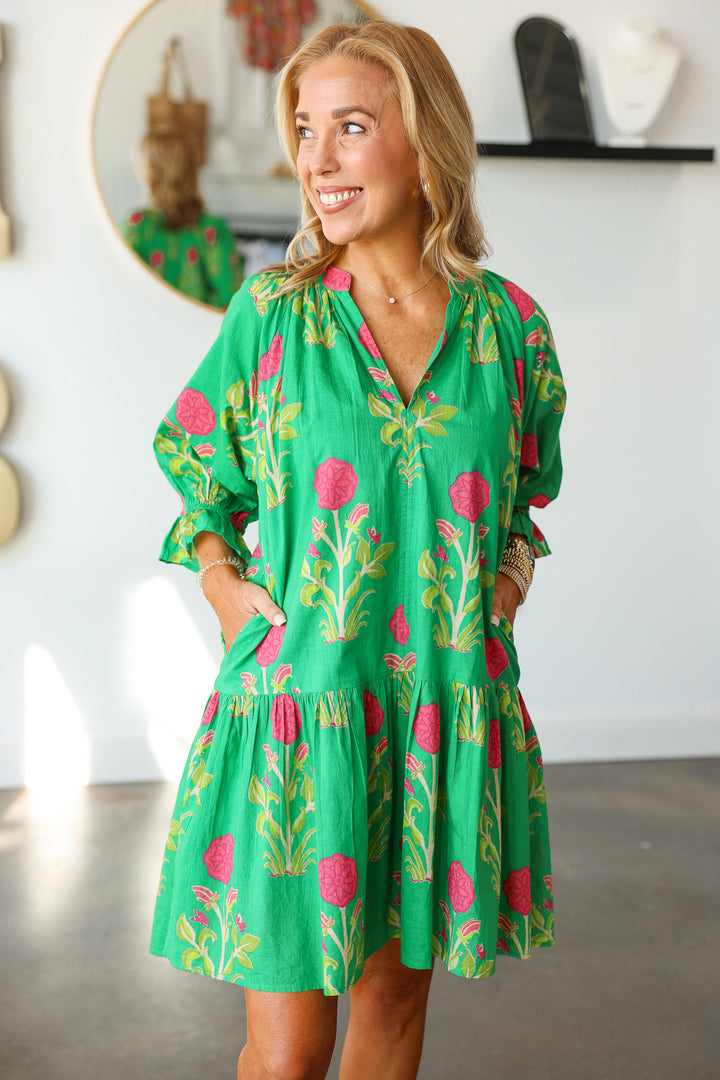 Drop Waist Floral Dress - Green