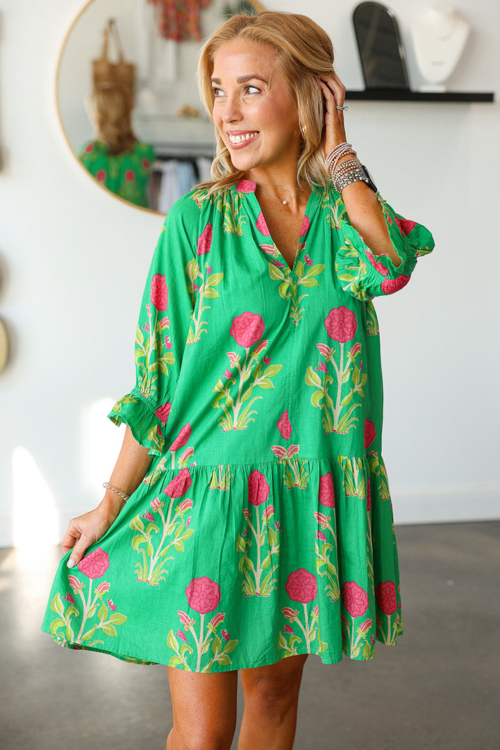 Drop Waist Floral Dress - Green