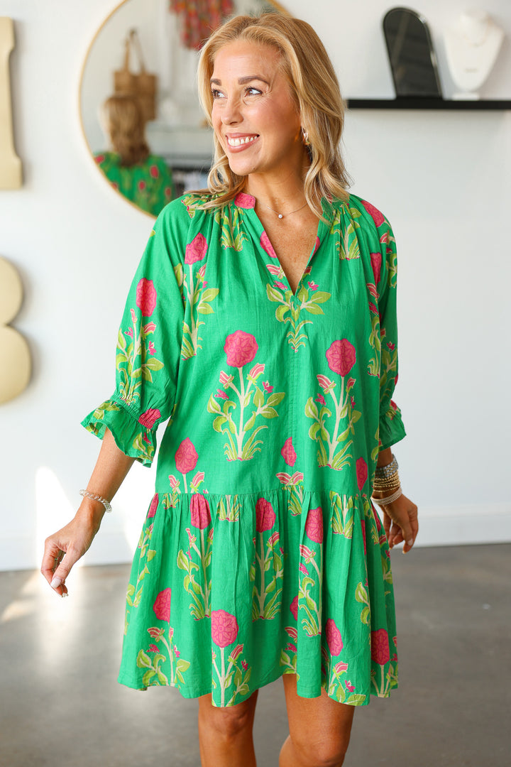 Drop Waist Floral Dress - Green