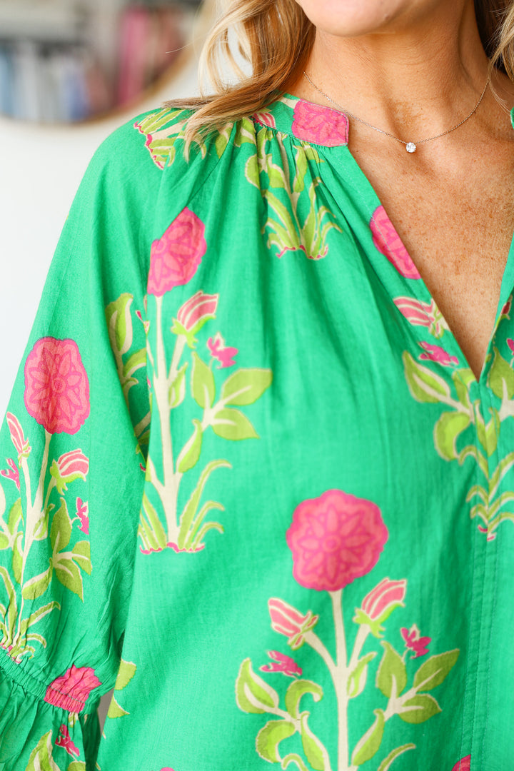 Drop Waist Floral Dress - Green