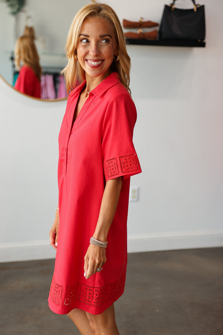 Embroidered Trim Dress - Red