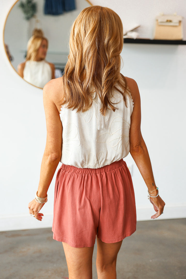 Buckle Front Linen Blend Shorts - Desert Rose