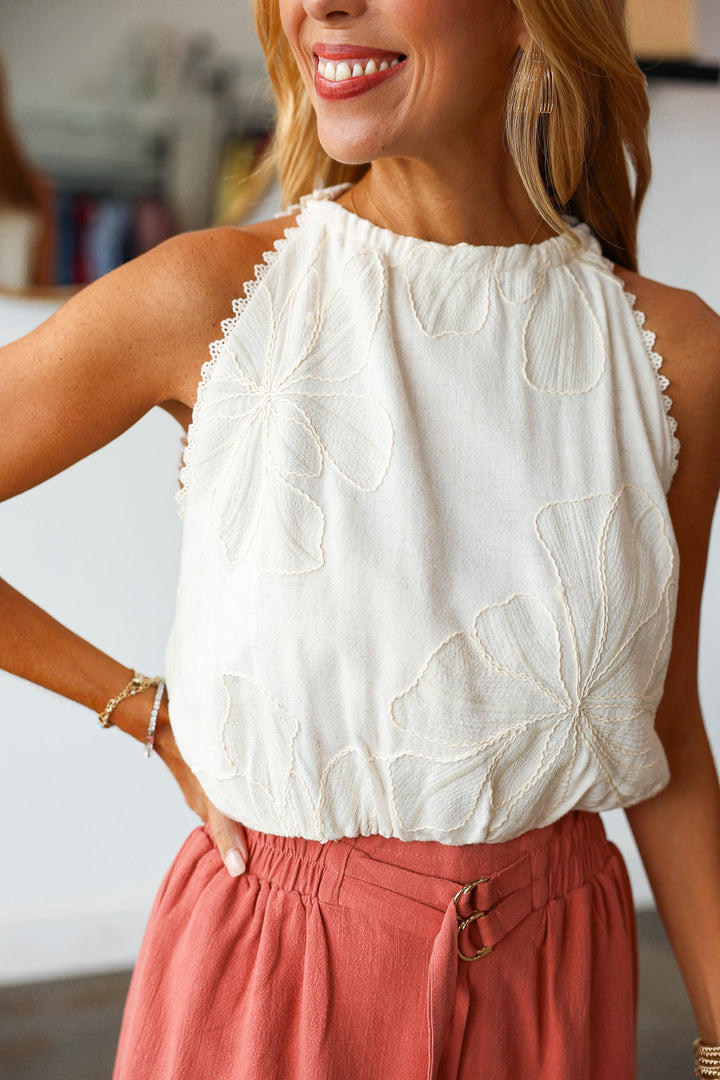 Embroidered Halter Neck Top - Natural