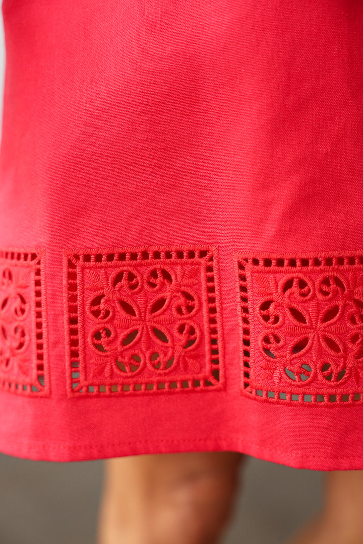 Embroidered Trim Dress - Red