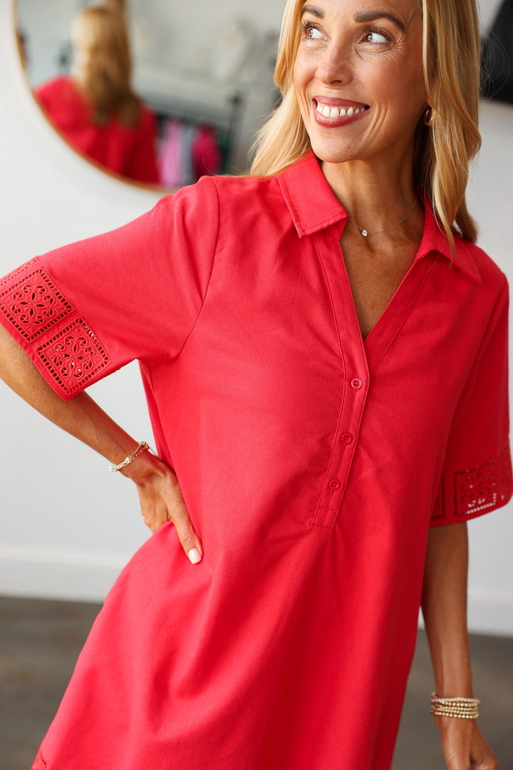 Embroidered Trim Dress - Red