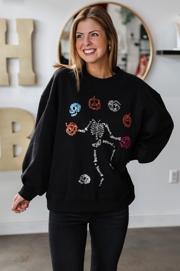 Sequin Dancing Skeleton Sweatshirt - Black